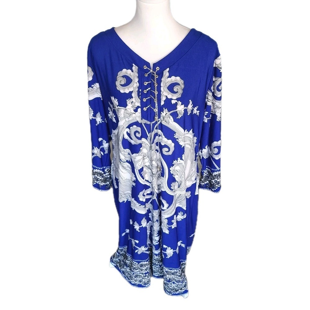 Ashley Stewart Dress Womens 18/20 Blue Chain Lace Up Stretch Casual Vacation NEW